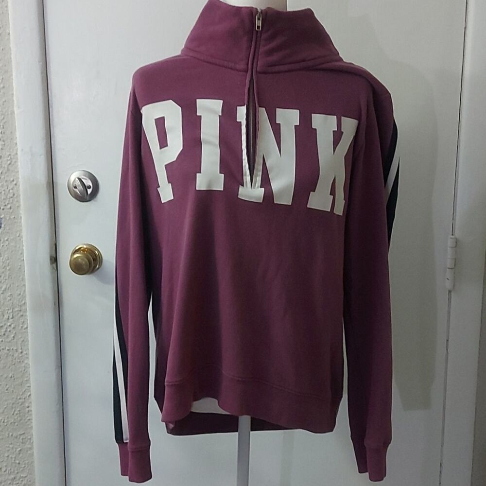 PINK Victoria Secret Funnel Purple Logo Racer Stripe Zip Jacket. L Casual Preppy - Picture 3 of 11